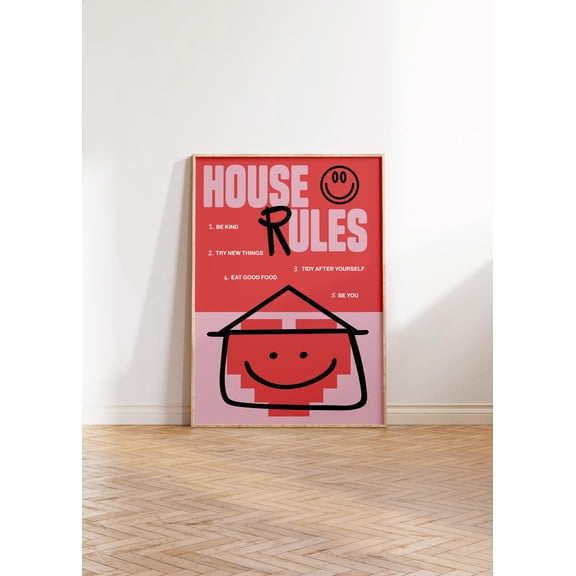House Rules Poster - Abstract Art - Kitchen Wall Art - Red Minimal Poster Retro Print, Unframed Paper Poster 8x10in