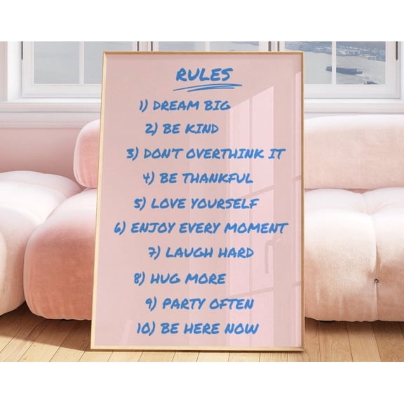 House Rules Print, Retro Quote Print, Trendy Poster, Apartment Decor,Dorm Decor,Bar Cart Art, Pink Blue Print Wall Art, Modern Wall Decor, 8x12 UNFRAMED