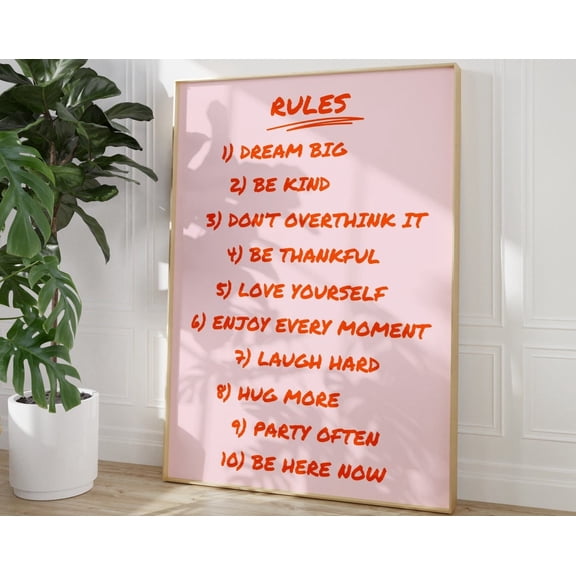 House Rules Print, Retro Quote Print, Trendy Poster, Pink Orange Print,Dorm Decor,Bar Cart Art, Pink Aesthetic Wall Art Wall Art, Modern Wall Decor, 8x12 UNFRAMED