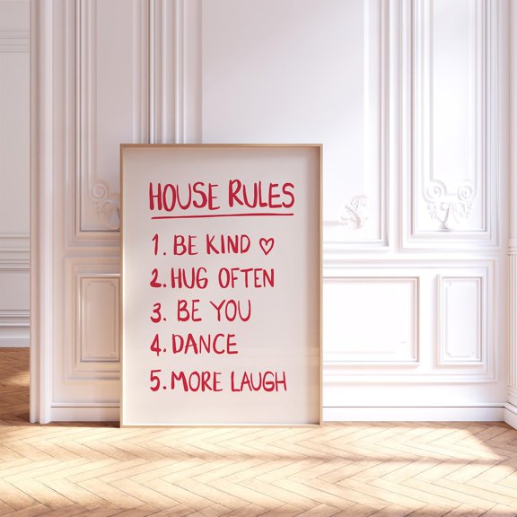 House Rules Printed Wall Art Hand Drawn Red Unframed