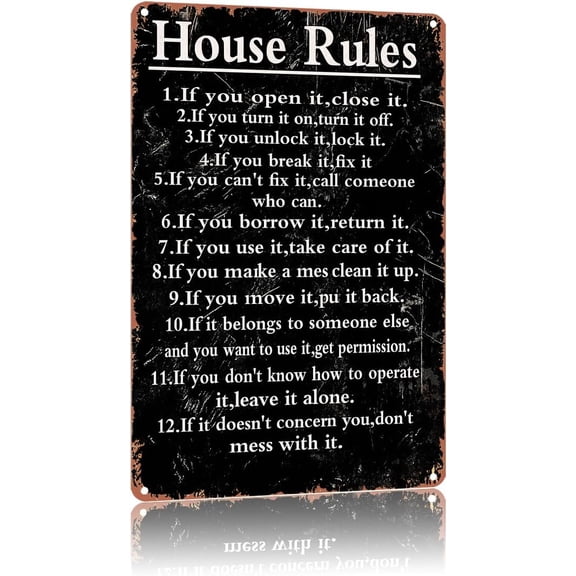 "House Rules" Vintage Metal Tin Sign, Sarcastic Family Rules Wall Art Poster, Retro Black Blackboard Decor for Living Room Kitchen, Funny Moving Gift, 8" x 12"