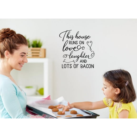 House Runs on Love Laughter Bacon - Bacon Kitchen Wall Art Decor - Farmhouse Wall Decal - Removable Vinyl Lettering Sticker Quote 12x12-Inch Black