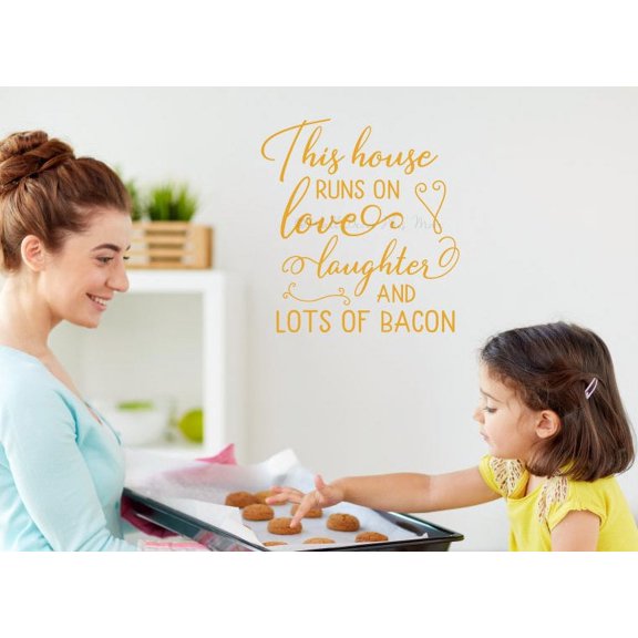 House Runs on Love Laughter Bacon - Bacon Kitchen Wall Art Decor - Farmhouse Wall Decal - Removable Vinyl Lettering Sticker Quote 18x18-Inch Honey