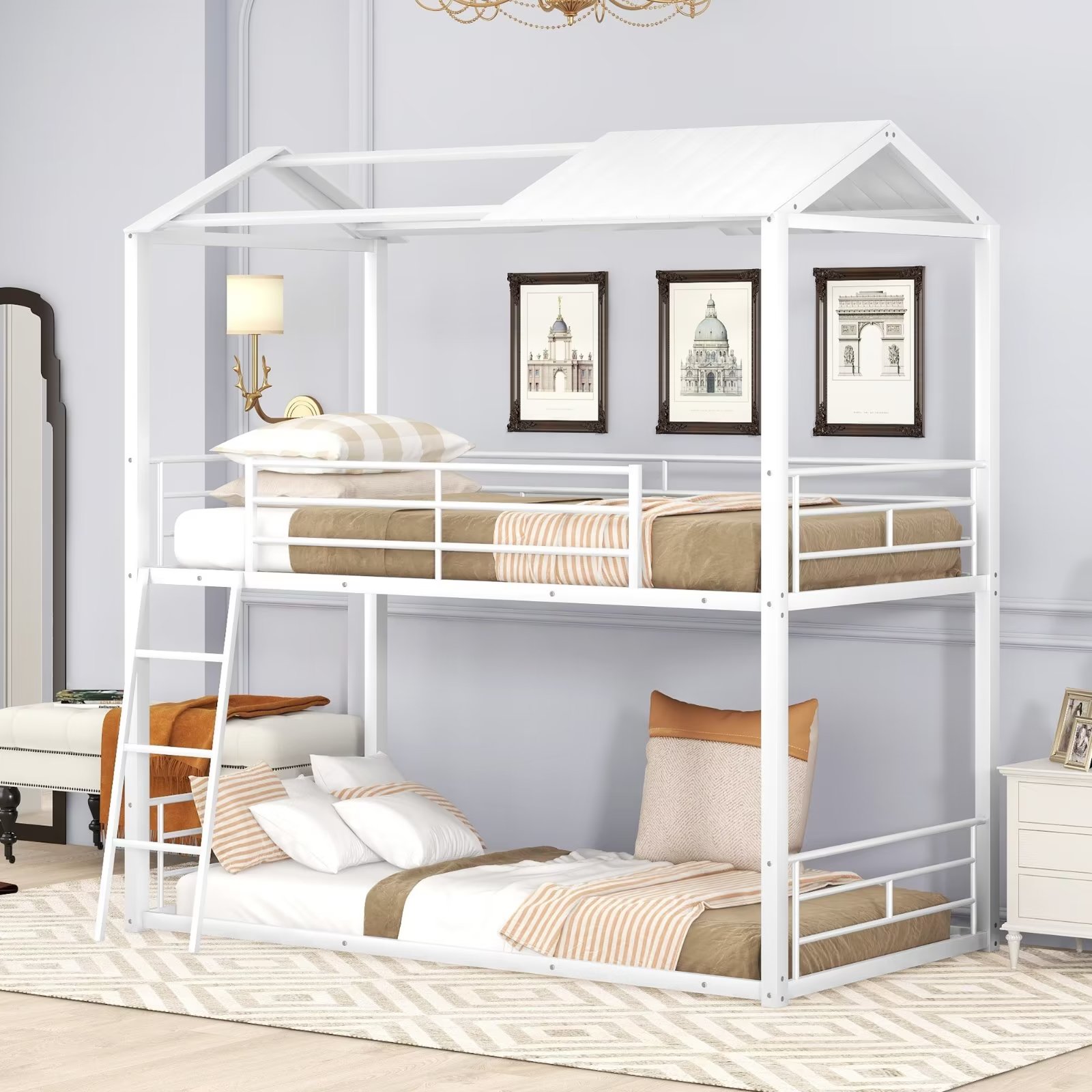 House Shape Bunk Bed, Metal 2IN1 Bed Frames with Ladder and Full