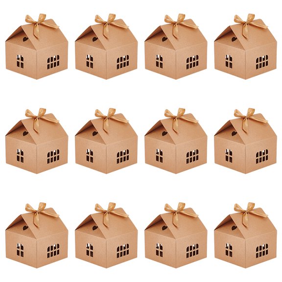 House Shape Cardboard Candy Storage Box Hollow Window Gifth Cas with Ribbon for Candy Wheat 12.5x12.5x13.5cm