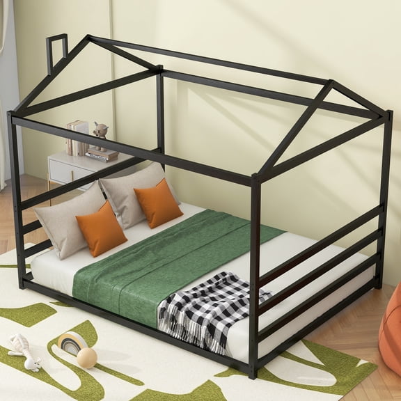 House Shape Metal Platform Bed in Black for Queen Mattress