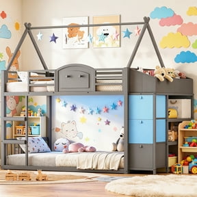House Shaped Bunk bed Twin Over Twin with 3 Drawers and 2-Tier Bookshelf Low Loft Bed with Bedside Storage Boxes Gray