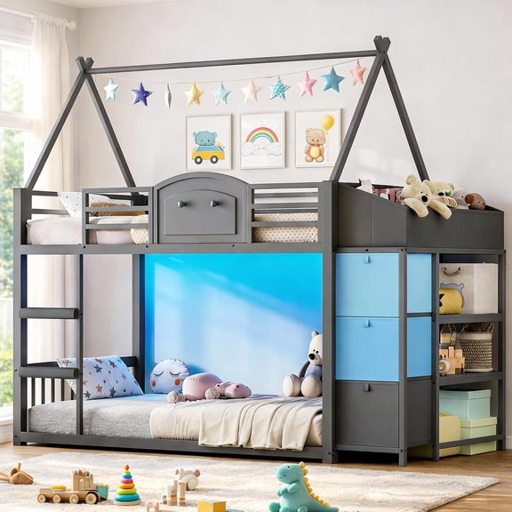House Shaped Bunk bed Twin Over Twin with 3 Drawers and 2-Tier Bookshelf Low Loft Bed with Bedside Storage Boxes Gray