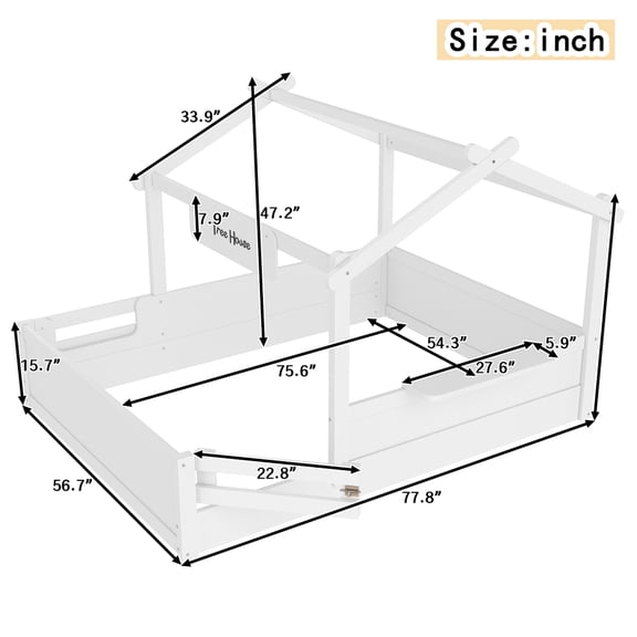 House-Shaped Full Size Floor Bed for Kids with Safety Guardrails, Roof & Built-in Tray - Includes Free Customizable Signboard - Low Profile Toddler to Youth Bed, Easy Assembly