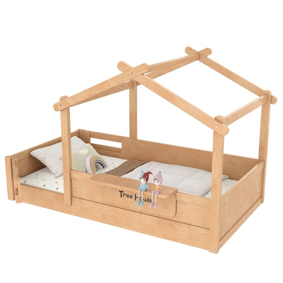 House-Shaped Full Size Floor Bed for Kids with Safety Guardrails, Roof & Built-in Tray - Includes Free Customizable Signboard - Low Profile Toddler to Youth Bed, Easy Assembly