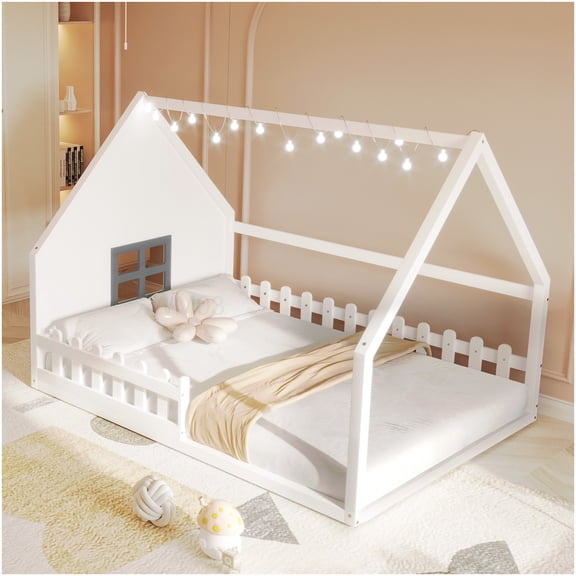House Shaped Full Size Platform Bed Frame with Window LED Lights and Fence, No Box Spring Needed