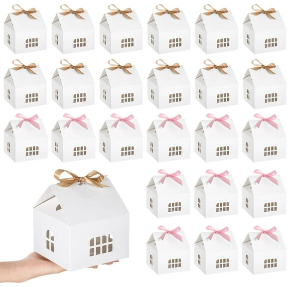 House Shaped Gift Boxes - 50 Pcs House Shaped Paper Bakery Packaging Candy Box With Gold & Pink Ribbons Cardboard Treat Boxes For Present Giving, Candy Boxes For Bridal Shower, Party