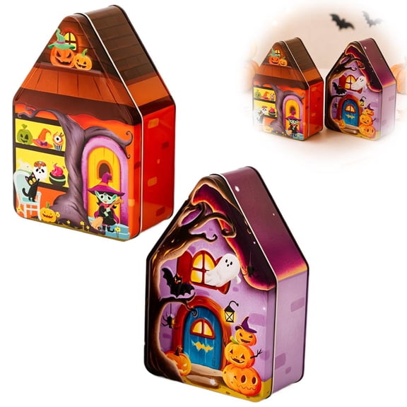 House-Shaped Halloween Tin Storage Box, Pumpkin and Witch Set, 4.72 x 2.56 x 6.89 in, for Seasonal Home Decor, Parties and Gift Giving
