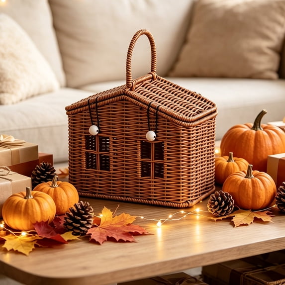 House Shaped Handwoven Rattan Storage Basket, Portable Organizer with Handle, Rustic Fall Thanksgiving Tabletop Container for Gifts Accessories Entryway & Home Decor, Natural Woven Accent
