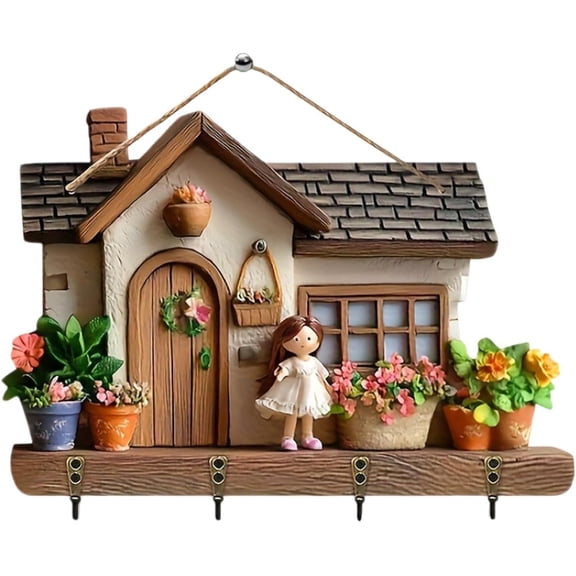 House Shaped Hat Coat Hooks With 4 Hooks Rustic Wall Hooks Decorative Hanging Sign Wall Hangers Organizers For Home Entryway(B)