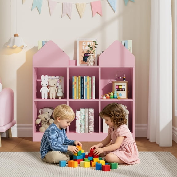 House-Shaped Kids Bookshelf, 8-Cubby Toy Organizer with Anti-Tip Kit, Rounded Edges, Pink Nursery Storage