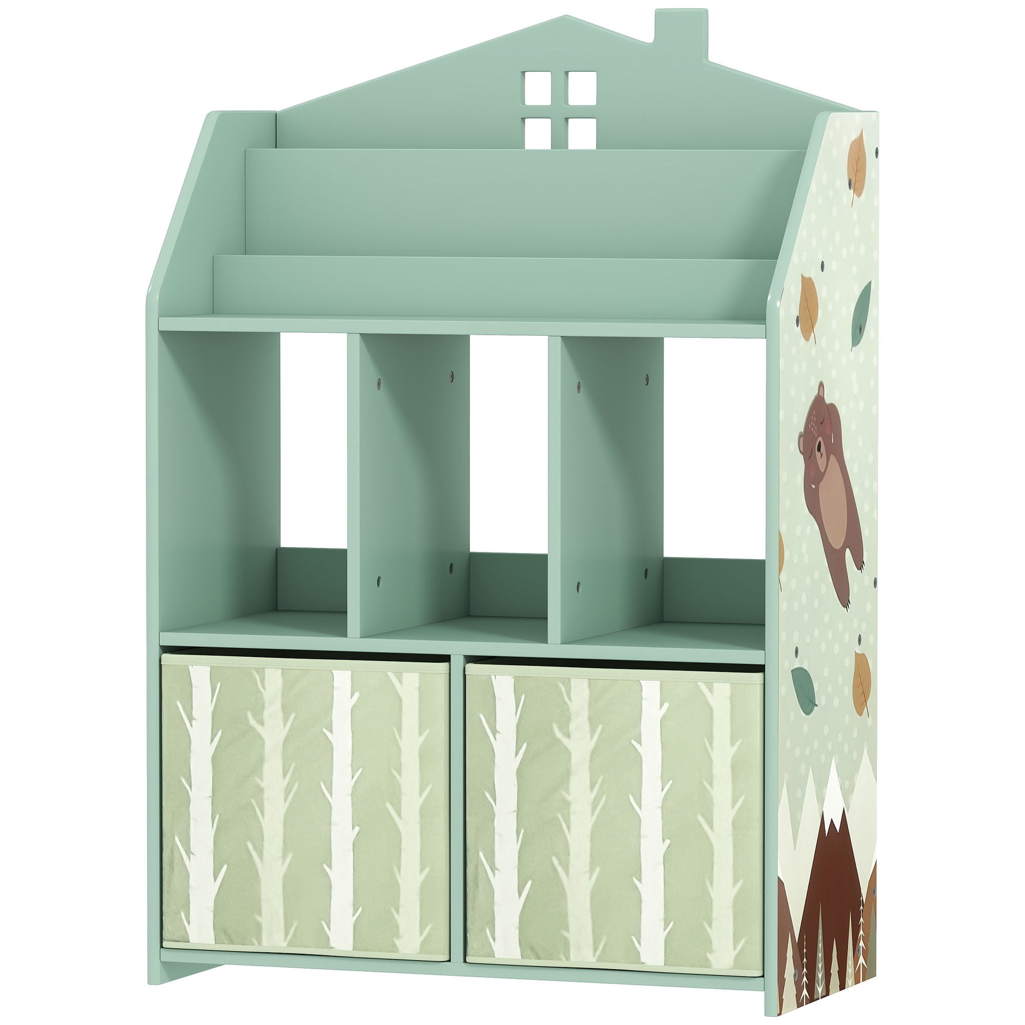 House Shaped Kids Toy Storage Organizer with Book Display Open Shelves Fabric Drawers, Montessori Children Bookshelf Bear Pattern FSC MDF Playroom Storage Cabinet