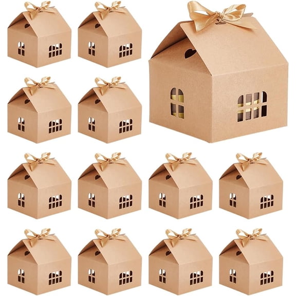 House Shaped Kraft Paper Folding Gift Box with Hollow Window and Ribbon Tan 12.5x12.5x13.5cm