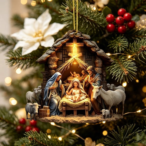 House-Shaped Manger Nativity Acrylic Christmas Ornament, Sublimation Printed Religious Hanging Decor, Traditional Nativity Keepsake for Tree, Wall & Car, 3.15 in,D