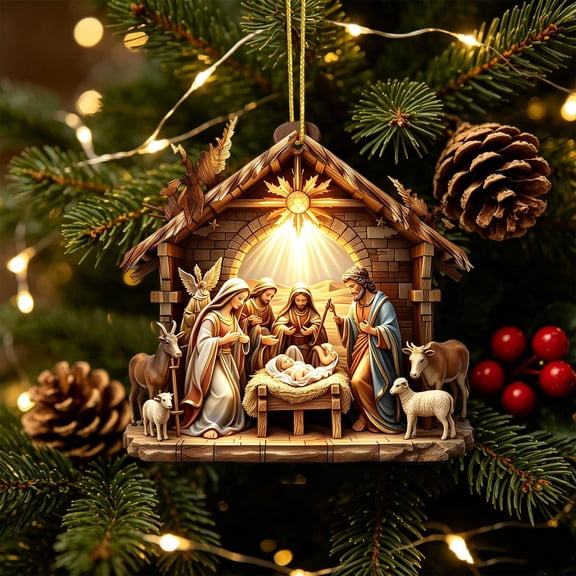 House-Shaped Manger Nativity Acrylic Christmas Ornament, Sublimation Printed Religious Hanging Decor, Traditional Nativity Keepsake for Tree, Wall & Car, 3.15 in,H