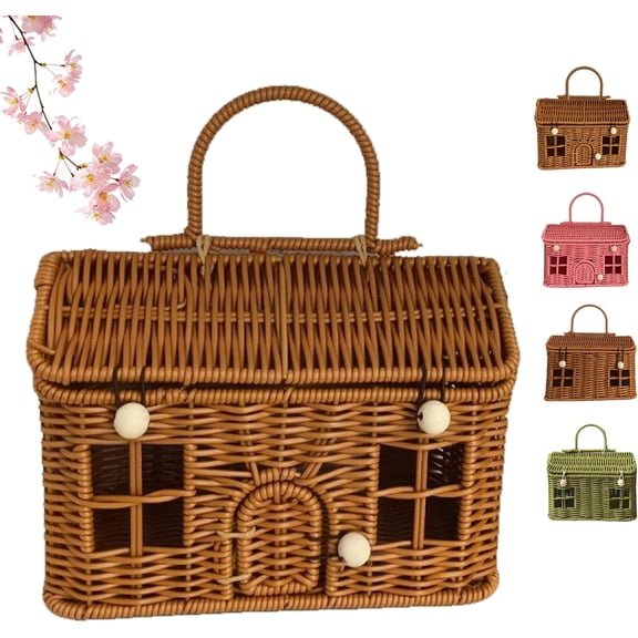 House Shaped PP Rattan Basket with Lid & Handle, Vintage Woven Storage Container (#A)