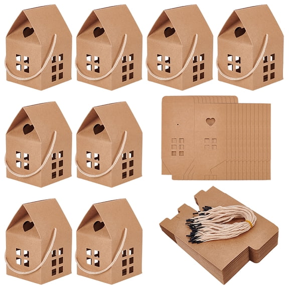 House Shaped Paper Folding Candy Tote boxes with Hollow Window and Rope Handles for Wedding Party Gift Wrapping BurlyWood Finished Product: 8x8x12.8cm