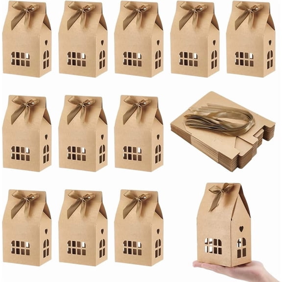 House Shaped Paper Gift Boxes Gift Storage Case with Visible Window and Polyester Ribbon Tan Finished Product: 10x7x10cm for DIY