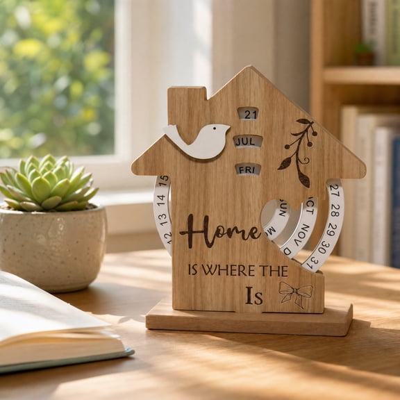 House Shaped Perpetual Desk Calendar, Manual Rotatable forever Calendar Ornament, Wooden Tabletop Decor for Home Study Office Desktop Display and Daily Date Reminder