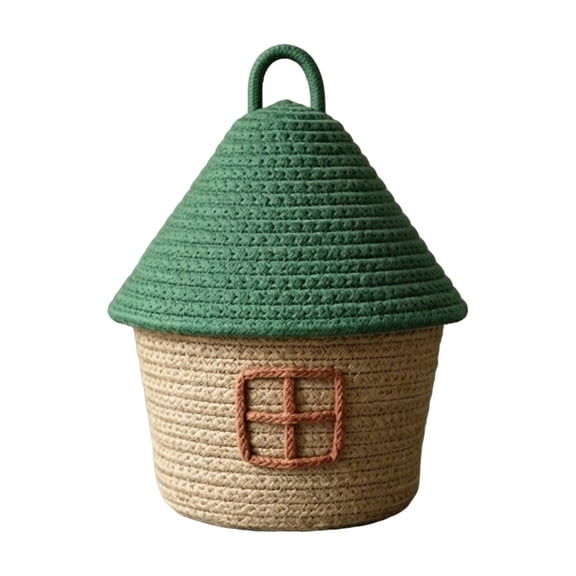 House Shaped Storage Basket, Cotton Rope Organizer, Woven Desktop Bin, Lid Covered Protection and Portable Carry Handle for Bedroom Dressers, Vanity Tables, Living Room Shelves