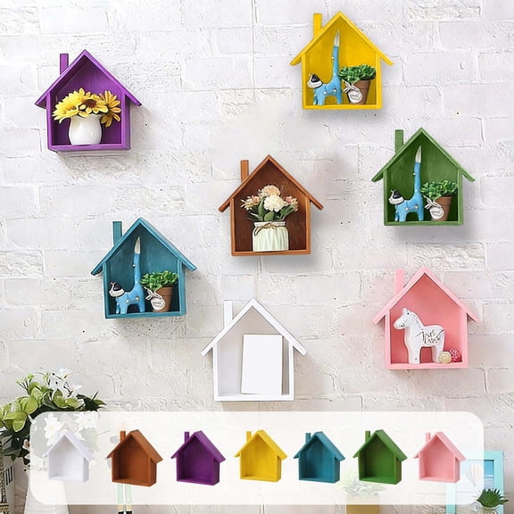 House Shaped Wall Shelf Solid Wood Floating Storage Rack, 9.3 x 7.3 x 3 in, Multi Color Decorative Display for Bedroom, Nursery, Entryway, Dining Room