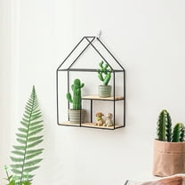 House-Shaped Wall Shelf with Wood Base - No-Drill Double Layer Display Rack Floating Shelves Nursery Decor Photo Frame Holder(Black)