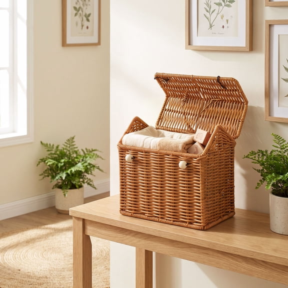 House-Shaped Wicker Basket with Lid, Plastic Wicker Suitcase Decorative House Rattan Basket with Handle Food Storage Box For Picnics and Family Gatherings