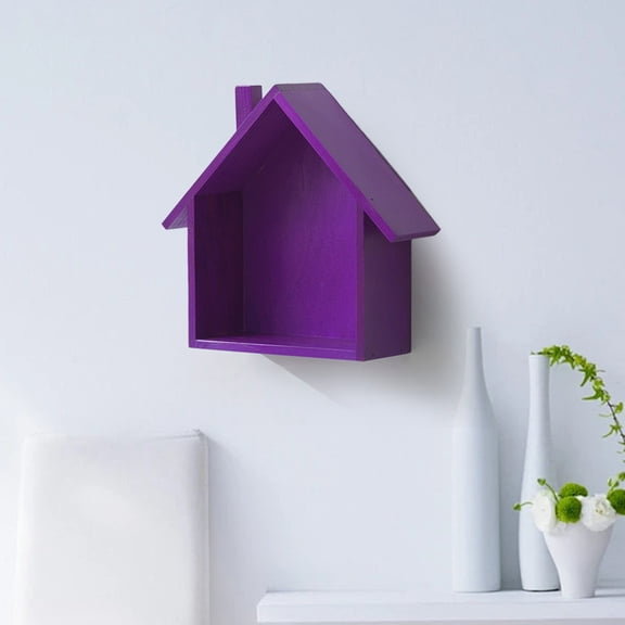 House Shaped Wooden Wall Shelf Mini Display Nook Farmhouse Floating Decor Shelf For Bedroom Entryway Small Decor Storage(Purple-25X24X18.5Cm)