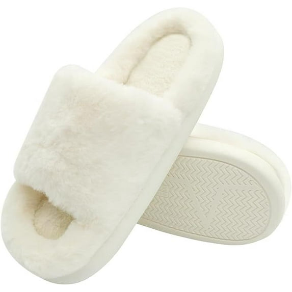 House Slippers For Woman Open Toe, Slides For Women Men Platform, Cute Slippers for Women Indoor Outdoor Fluffy Slippers- White SZ 5.5-6