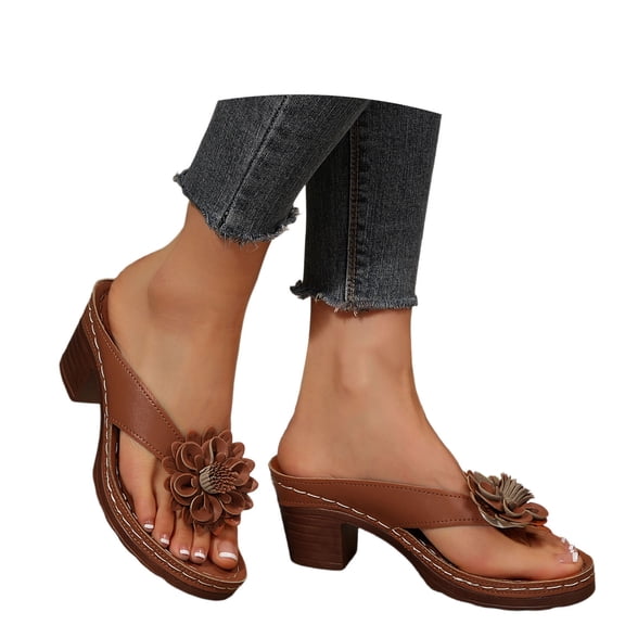 House Slippers Gifts for Women Women Summer Solid on Casual Open Toe Square Heels Comfortable Beach Shoes Sandals Slippers Brown 6.5