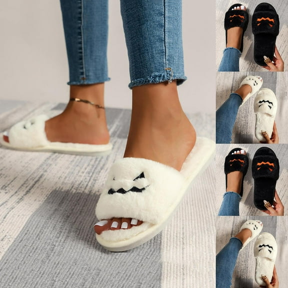 House Slippers for Men Women Halloween Non-Slip Unisex Flat Heel Open Toe Slip-on Flats Slides Women's Fashion Casual Home Indoor Outdoor Plus Velvet Warm SlippersWhite 7