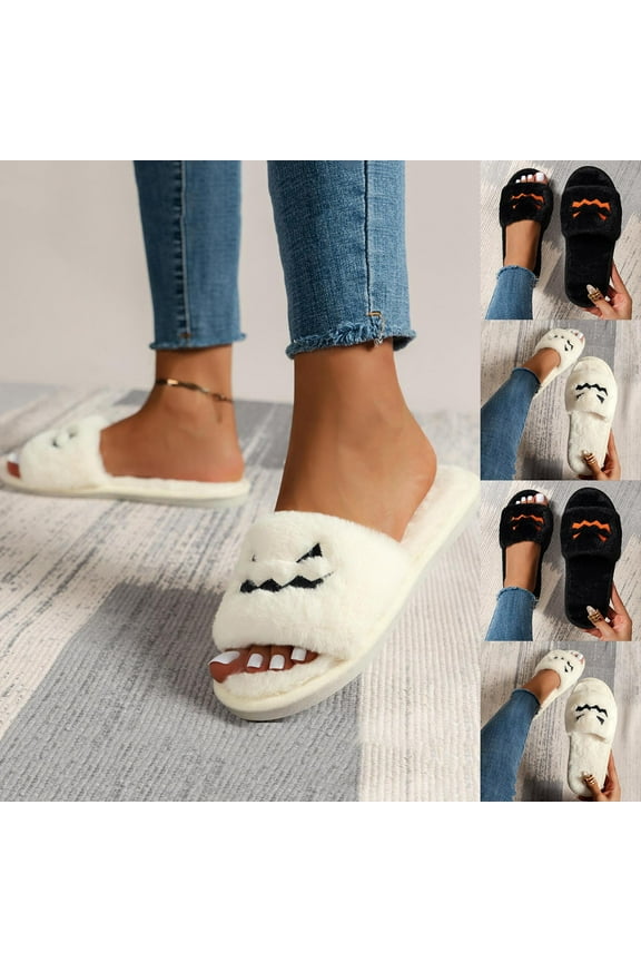 House Slippers for Men Women Halloween Non-Slip Unisex Flat Heel Open Toe Slip-on Flats Slides Women's Fashion Casual Home Indoor Outdoor Plus Velvet Warm SlippersWhite 7