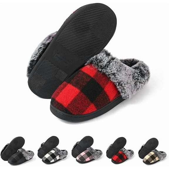 House Slippers for Woman Men, womens Checkered Slippers on House Shoes Cozy Memory Foam Scuff plaid Shoes with Fuzzy Faux Fur Comfortable Anti-Slip Warm Fuzzy indoor outdoor