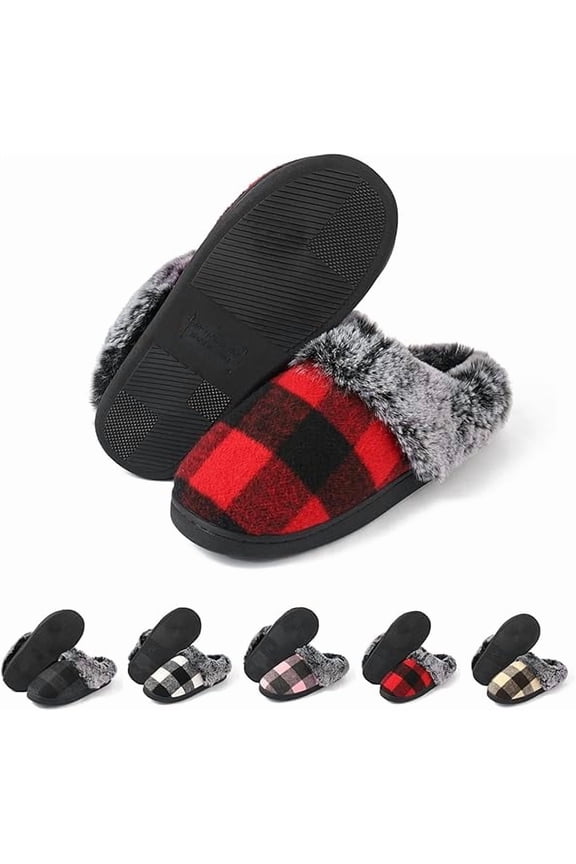 House Slippers for Woman Men, womens Checkered Slippers on House Shoes Cozy Memory Foam Scuff plaid Shoes with Fuzzy Faux Fur Comfortable Anti-Slip Warm Fuzzy indoor outdoor