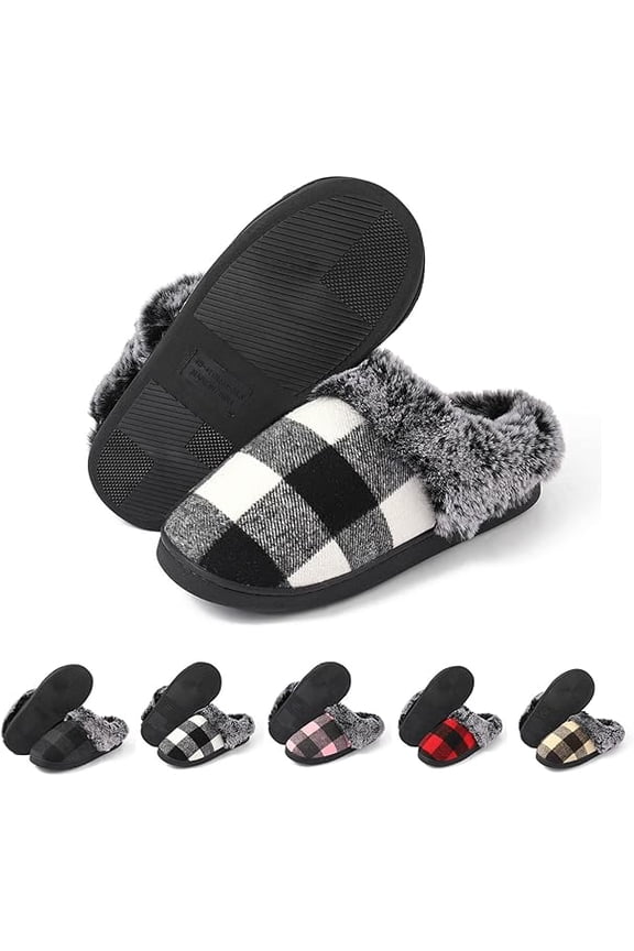 House Slippers for Woman Men, womens Checkered Slippers on House Shoes Cozy Memory Foam Scuff plaid Shoes with Fuzzy Faux Fur Comfortable Anti-Slip Warm Fuzzy indoor outdoor