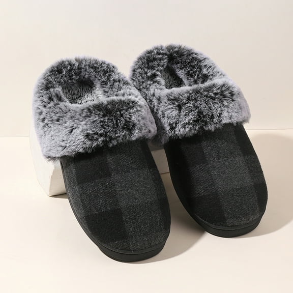 House Slippers for Woman Men, womens Checkered Slippers on House Shoes Cozy Memory Foam Scuff plaid Shoes with Fuzzy Faux Fur Comfortable Anti-Slip Warm Fuzzy indoor outdoor