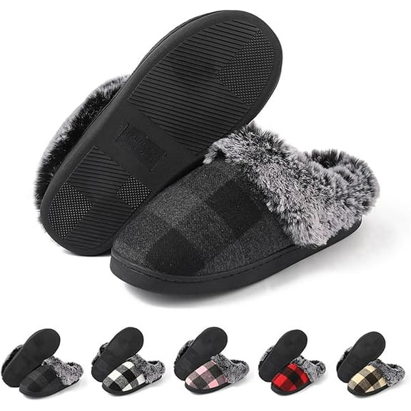 House Slippers for Woman Men, womens Checkered Slippers on House Shoes Cozy Memory Foam Scuff plaid Shoes with Fuzzy Faux Fur Comfortable Anti-Slip Warm Fuzzy indoor outdoor