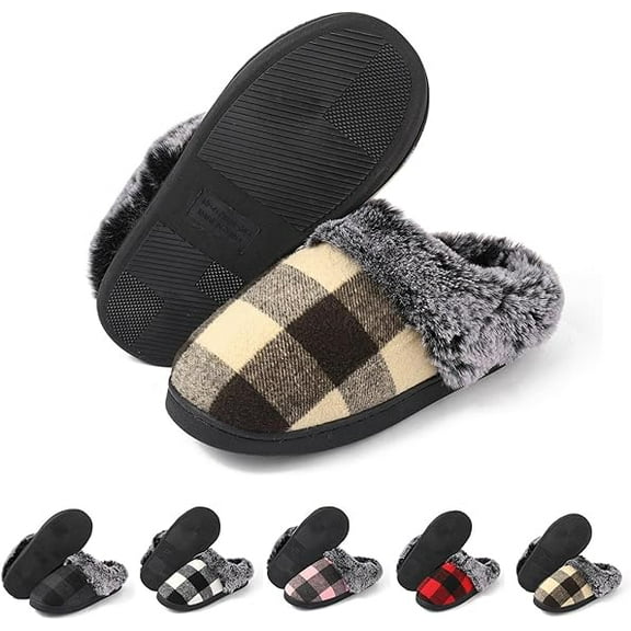 House Slippers for Woman Men, womens Checkered Slippers on House Shoes Cozy Memory Foam Scuff plaid Shoes with Fuzzy Faux Fur Comfortable Anti-Slip Warm Fuzzy indoor outdoor