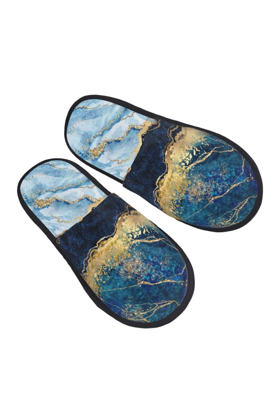 House Slippers for Women Men - Blue Marble Gold Foil Glitter Decor Lightweight House Shoes Fuzzy Slippers, Soft Slip-On Cozy House Slippers for Woman Indoor Outdoor