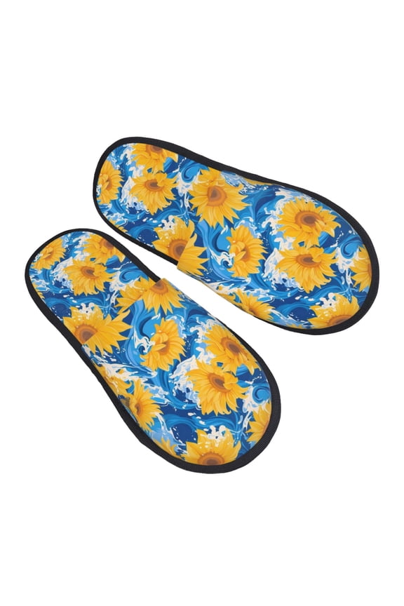 House Slippers for Women Men - Blue Ocean Wave Sunflower Lightweight House Shoes Fuzzy Slippers, Soft Slip-On Cozy House Slippers for Woman Indoor Outdoor