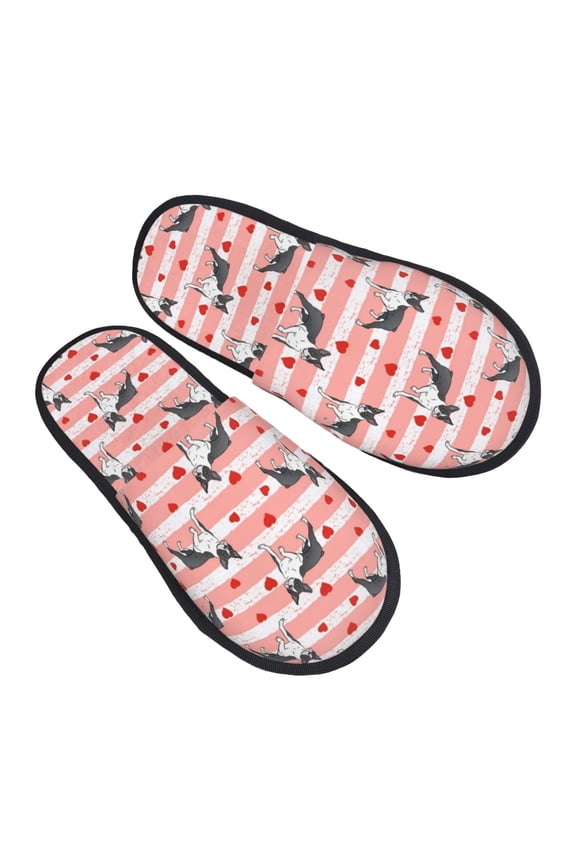 House Slippers for Women Men - Boston Terrier hearts pink stripe Lightweight House Shoes Fuzzy Slippers, Soft Slip-On Cozy House Slippers for Woman Indoor Outdoor