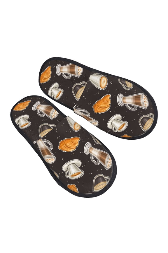 House Slippers for Women Men - Bread & Coffee Print Black Lightweight House Shoes Fuzzy Slippers, Soft Slip-On Cozy House Slippers for Woman Indoor Outdoor