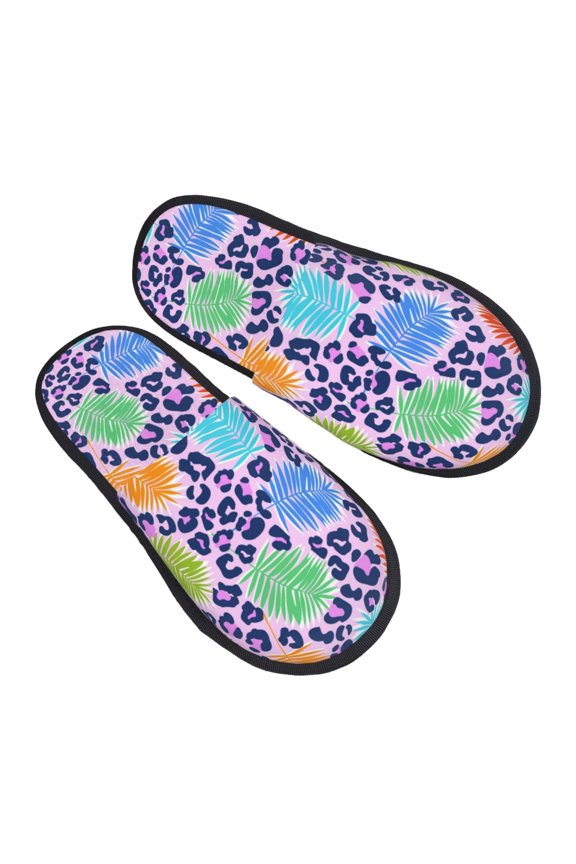 House Slippers for Women Men - Bright tropical leaves leopard Lightweight House Shoes Fuzzy Slippers, Soft Slip-On Cozy House Slippers for Woman Indoor Outdoor