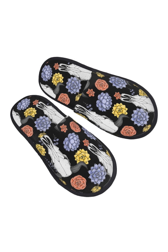 House Slippers for Women Men - Buffalo Skull flowers Exotic Lightweight House Shoes Fuzzy Slippers, Soft Slip-On Cozy House Slippers for Woman Indoor Outdoor