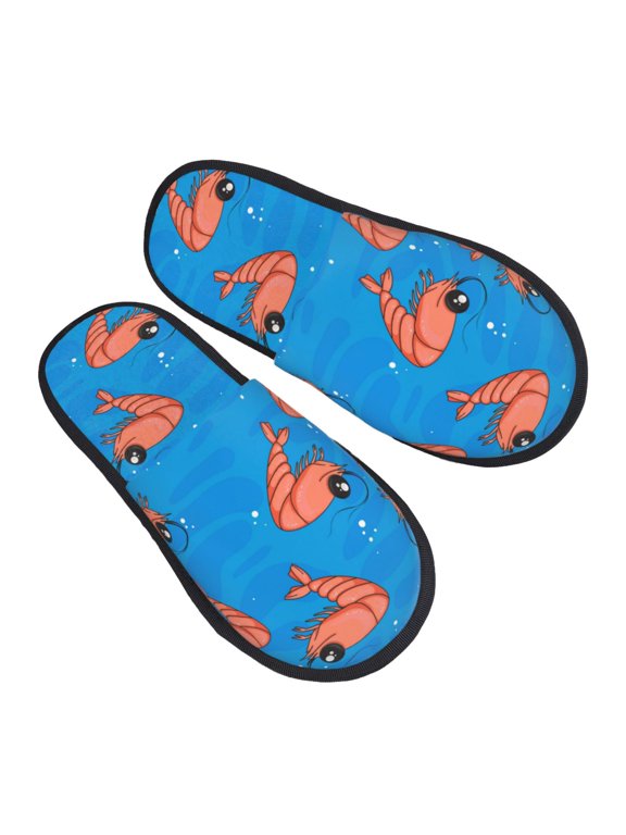 House Slippers for Women Men - Cartoon Shrimp Print Blue Lightweight House Shoes Fuzzy Slippers, Soft Slip-On Cozy House Slippers for Woman Indoor Outdoor